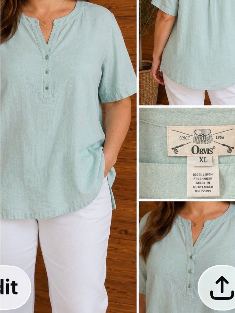 Orvis Women's Light Aqua Linen Button-Front Short Sleeve Top